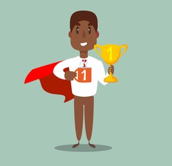Businessman in a red cloak holding winner cup. Superhero of business. Vector flat design illustration.