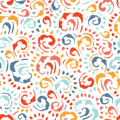Hand-Drawn Colorful Vintage Swirls Vector Seamless Pattern on White Background. Elegant Classic Background Print