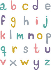 Cute hand lettering alphabeth set in pastel colors on a white background.