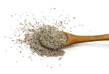 Chia seeds isolated in a wooden spoon on white background. heap of natural black chia seeds vegan gluten-free organic, healthy diet vegetarian superfood with antioxidant.