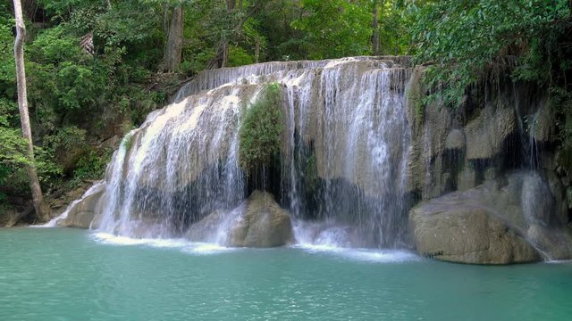 Erawan waterfall level two in National Park, famous tourist destination in Kanchanaburi, Thailand.
