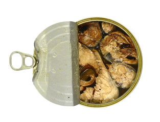 Canned fish isolated on white. Closeup of an open can of canned mackerel.