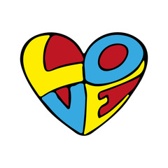 Bright colorful heart and the inscription Love. Vector hand drawing. Isolated object on a white background. Isolate.