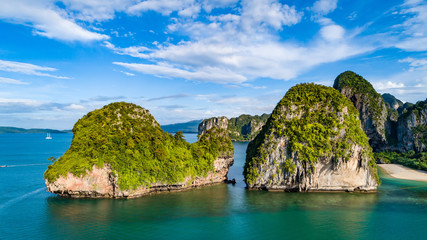 Railay beach in Thailand, Krabi province, aerial view of tropical Railay and Pranang beaches and coastline of Andaman sea from above