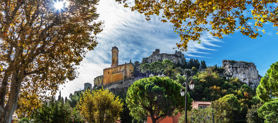 Naklejka premium Panoramic view of medieval Eze region, view from Hilltop village on French Riviera in fall season in France