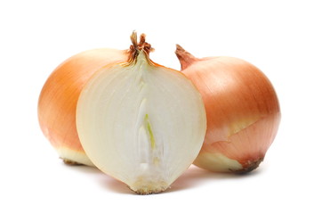 Half onions isolated on white background