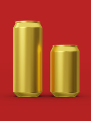 Golden cans for beverages. Can 500ml and 330ml. 3d illustration