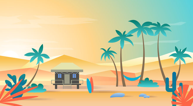 Sunset, sunrise by the sea, ocean. Vector image of a holiday on the beach. Background with cacti, bungalows, surfboards. Summer landscape illustration with palms. Flat design