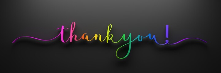 3D render of THANK YOU! rainbow-colored brush calligraphy on dark background