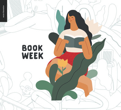 World Book Day graphics - book week events. Modern flat vector concept illustrations of reading people - a young brunette woman reading a book sitting surrounded by plants