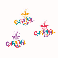 Welcome to Carnival. 2020. A set of three bright Carnival logos in three languages, English, Spanish and Portuguese. Logo in Carnival, Carnaval. Vector handwritten logo with masks. 