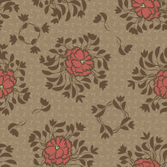 Red flowers on a brown background seamless vector ornamental pattern. Surface print design.