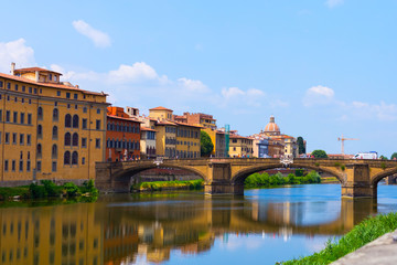 View of Florence. Bridge over the Arno River. Cathedral. Summer time.