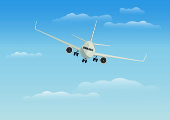 Naklejka na ściany i meble Flight of the plane in the cloudy sky. Passenger airplane travel. Vector illustration