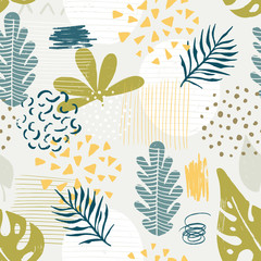 Seamless exotic pattern with tropical plant elements. Vector - 317589599