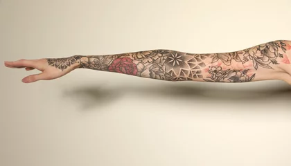 Foto op Aluminium Woman with colorful tattoos on arm against white background, closeup © New Africa