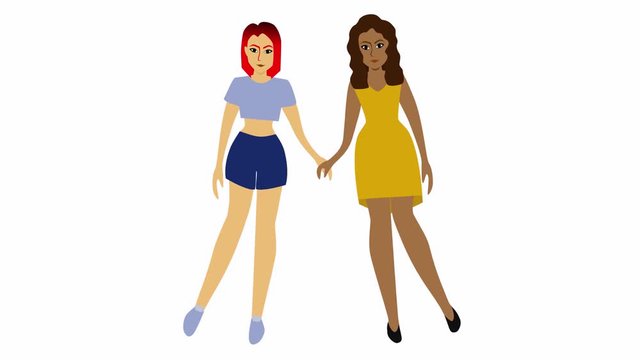 Young Caucasian woman with red hair and African American girl in yellow dress holding hands. Cartoon, animation isolated on white background. International friendship, mixed race