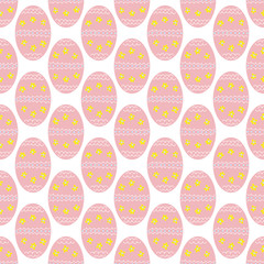 Seamless pattern of pink easter eggs with flowers on a white background.
