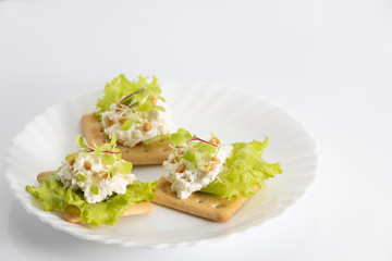 toast for Breakfast of tender, juicy sprouted beet sprouts with soft cheese, lettuce and wheat sprouts on a white porcelain plate on a white background.