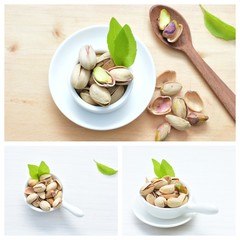 Pistachios collage on wooden background