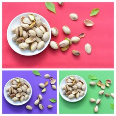 Pistachios collage on wooden background