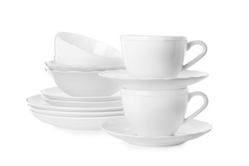 Set of clean tableware isolated on white