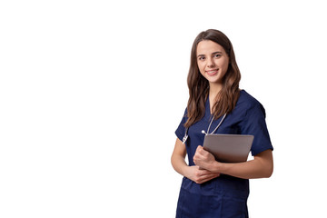 cheerful young female doctor with stethoscope over neck looking at camera isolated on white
