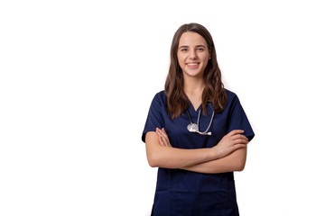 cheerful young female doctor with stethoscope over neck looking at camera isolated on white
