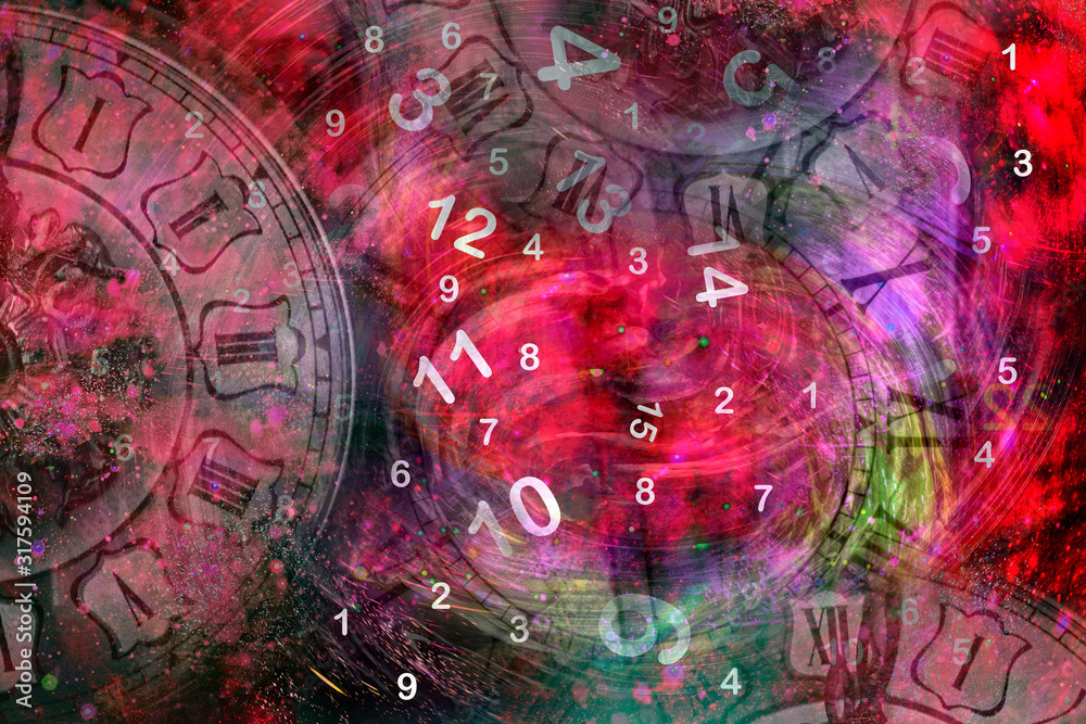Wall mural red background with clock and numbers.