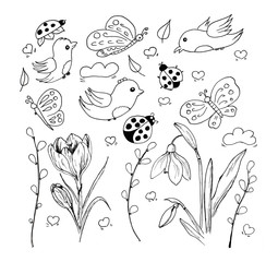 Springtime outlined hand drawn simpe childlike doodles set. Cute cartoon hand drawn doodle illustration.