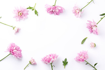 Pink flowers on white background. Romantic background for Valentine Day, Mothers Day or Birthday. Top view.