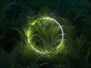 Creative layout made of tropical leaves with white circle neon frame. Minimal nature concept. Flat lay