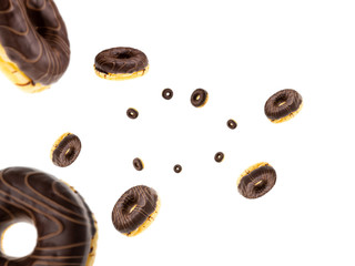 Doughnut with frosting. Glazed sweet doughnut falling on white background
