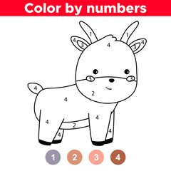 Cute kawaii farm animal - goat. Coloring by numbers. Educational game for preschool children. Activity worksheet.