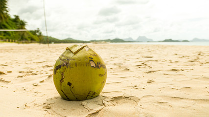 Coconut on sand on paradise Nacpan beach, El Nido, Palawan, Philippines