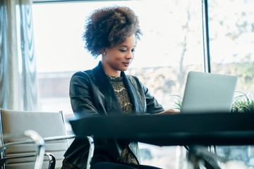 Young woman with afro working in a conference room on a laptop