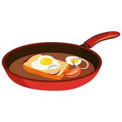 Vector drawing, a delicious hearty breakfast in a pan: a crispy slice of bread with a fried egg, rings of red onion, a slice of red tomato, half a boiled egg