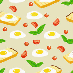 Vector drawing, pattern, delicious crispy slice of bread with a fried egg, mint leaves, a slice of red tomato, cherry tomatoes, black cherry