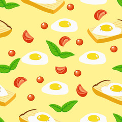 Vector drawing, pattern, delicious crispy slice of bread with a fried egg, mint leaves, a slice of red tomato, cherry tomatoes, black cherry
