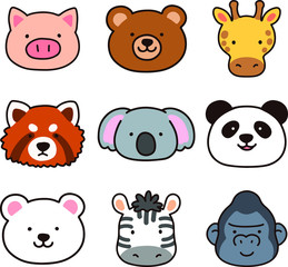 Set of outlined cute and simple animal faces A