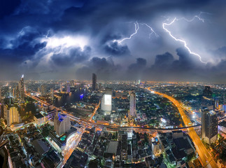 Aerial view of Bangkok skyscrapers during a storm, Thailand