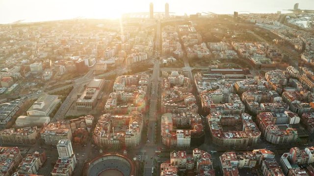 Dawn aerial view of Barcelona with beautiful patterns in Spain.