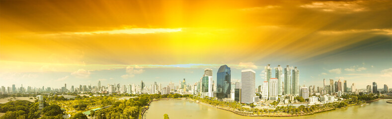 Aerial panoramic view of Bangkok skyline from Benjakitti Park