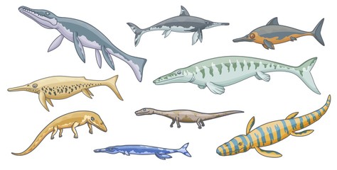 Dinosaur sea animal icons, jurassic marine reptile