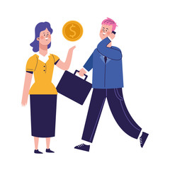 cartoon businesswoman and businessman using a cellphone, colorful design