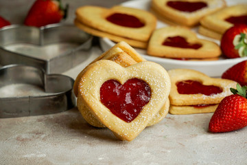 cookies in the form of hearts with strawberry jam, St. Valentine's day consept
