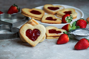 cookies in the form of hearts with strawberry jam, St. Valentine's day consept