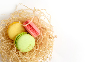 pastel colored macaroons in nest on white background