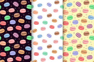 Set of Colorful Macarons. Vector seamless black, white, yellow pattern. French delicious background