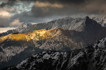 First snow in autumn in Tatra Mountains in Poland